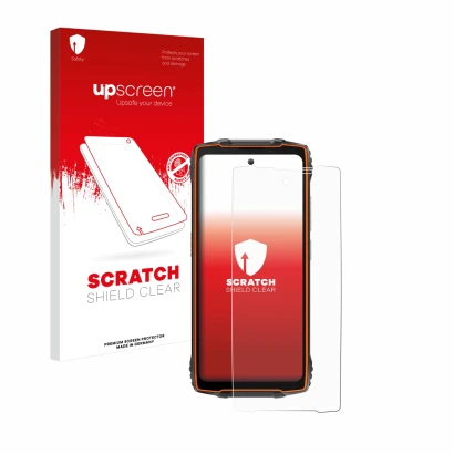 Parte frontal de un envase de producto con el logotipo de la marca upscreen. Al lado se muestra el dispositivo Blackview Oscal