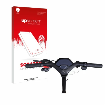 Parte frontal de un envase de producto con el logotipo de la marca upscreen. Al lado se muestra el dispositivo Segway Ninebot