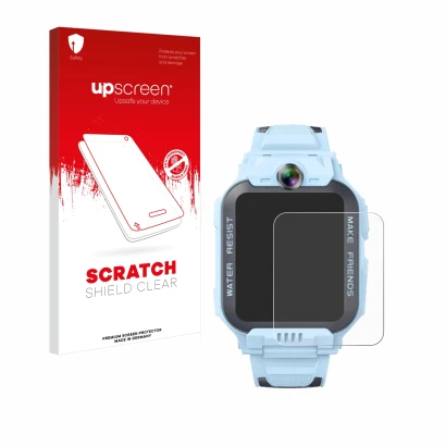 Parte frontal de un envase de producto con el logotipo de la marca upscreen. Al lado se muestra el dispositivo Imoo Watch Phon