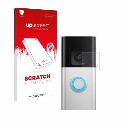 Parte frontal de un envase de producto con el logotipo de la marca upscreen. Al lado se muestra el dispositivo Ring Battery Vi