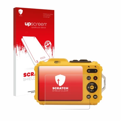 Parte frontal de un envase de producto con el logotipo de la marca upscreen. Al lado se muestra el dispositivo Kodak Pixpro WP