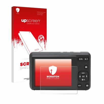 Parte frontal de un envase de producto con el logotipo de la marca upscreen. Al lado se muestra el dispositivo Kodak Pixpro FZ