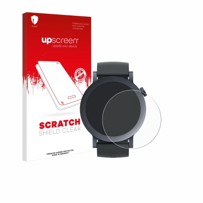 Parte frontal de un envase de producto con el logotipo de la marca upscreen. Al lado se muestra el dispositivo Nothing CMF Wat