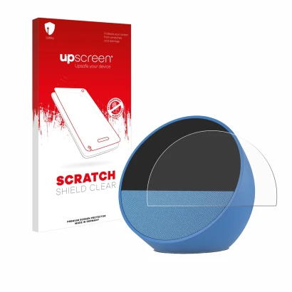 Parte frontal de un envase de producto con el logotipo de la marca upscreen. Al lado se muestra el dispositivo Amazon Echo Spo