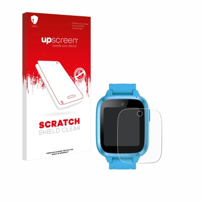 Parte frontal de un envase de producto con el logotipo de la marca upscreen. Al lado se muestra el dispositivo Xplora Kidzi Wa