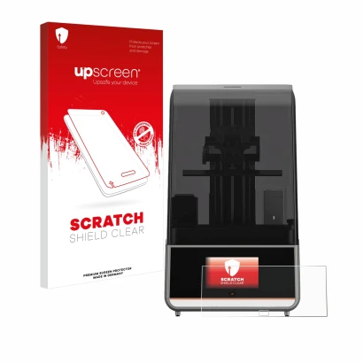 Parte frontal de un envase de producto con el logotipo de la marca upscreen. Al lado se muestra el dispositivo Anycubic Photon