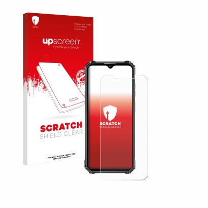 Parte frontal de un envase de producto con el logotipo de la marca upscreen. Al lado se muestra el dispositivo Oukitel WP28 S