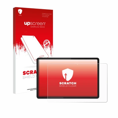 Parte frontal de un envase de producto con el logotipo de la marca upscreen. Al lado se muestra el dispositivo Lenovo Tab K11