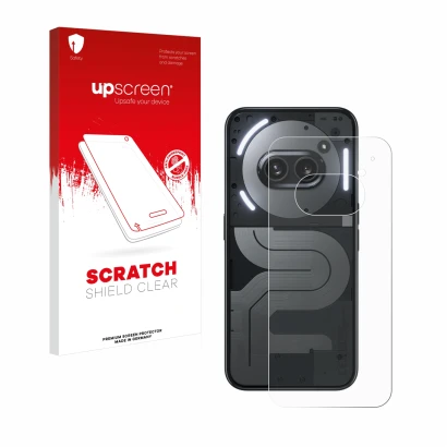 Parte frontal de un envase de producto con el logotipo de la marca upscreen. Al lado se muestra el dispositivo Nothing Phone (