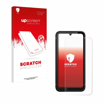 Parte frontal de un envase de producto con el logotipo de la marca upscreen. Al lado se muestra el dispositivo Gigaset GX4 Pro