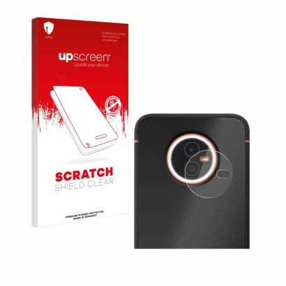 Parte frontal de un envase de producto con el logotipo de la marca upscreen. Al lado se muestra el dispositivo Gigaset GX4 Pro