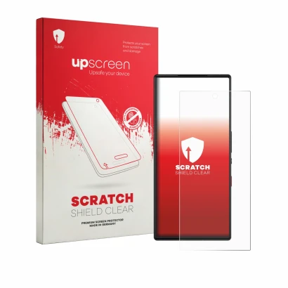 Parte frontal de un envase de producto con el logotipo de la marca upscreen. Al lado se muestra el dispositivo ZTE Nubia Red M