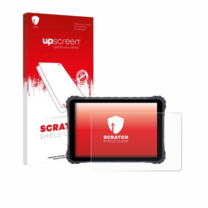Parte frontal de un envase de producto con el logotipo de la marca upscreen. Al lado se muestra el dispositivo Topicon MDT865