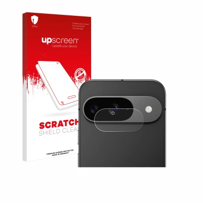Parte frontal de un envase de producto con el logotipo de la marca upscreen. Al lado se muestra el dispositivo Google Pixel 9
