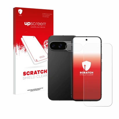 Parte frontal de un envase de producto con el logotipo de la marca upscreen. Al lado se muestra el dispositivo Google Pixel 9 