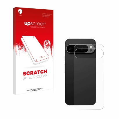 Parte frontal de un envase de producto con el logotipo de la marca upscreen. Al lado se muestra el dispositivo Google Pixel 9 