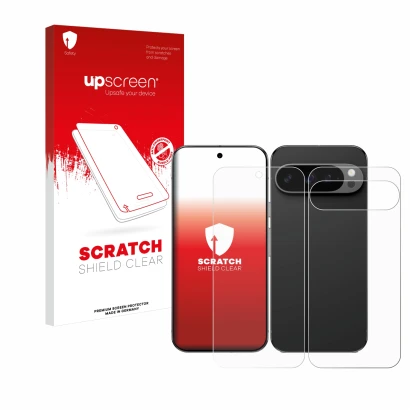 Parte frontal de un envase de producto con el logotipo de la marca upscreen. Al lado se muestra el dispositivo Google Pixel 9 