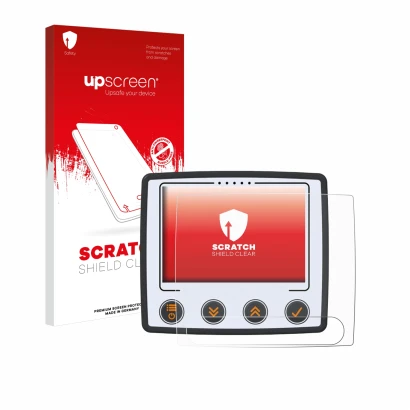 Parte frontal de un envase de producto con el logotipo de la marca upscreen. Al lado se muestra el dispositivo Skytraxx 5 Mini