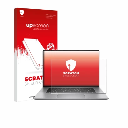 Parte frontal de un envase de producto con el logotipo de la marca upscreen. Al lado se muestra el dispositivo HP Zbook Studio