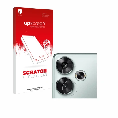 Parte frontal de un envase de producto con el logotipo de la marca upscreen. Al lado se muestra el dispositivo Xiaomi Poco F6 