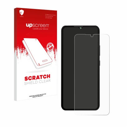 Parte frontal de un envase de producto con el logotipo de la marca upscreen. Al lado se muestra el dispositivo Cubot A10 con s