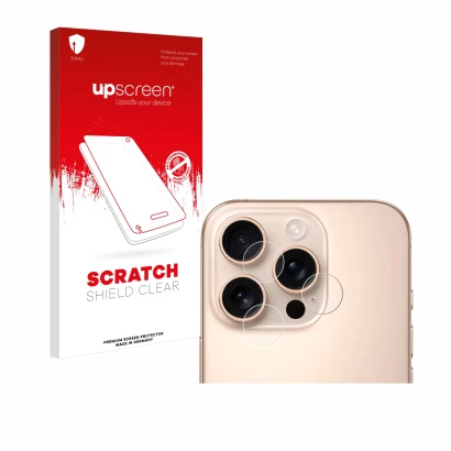 Parte frontal de un envase de producto con el logotipo de la marca upscreen. Al lado se muestra el dispositivo Apple iPhone 16