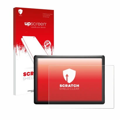 Parte frontal de un envase de producto con el logotipo de la marca upscreen. Al lado se muestra el dispositivo Wacom One S CTL