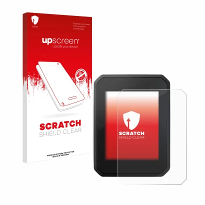 Parte frontal de un envase de producto con el logotipo de la marca upscreen. Al lado se muestra el dispositivo FIT Display Com