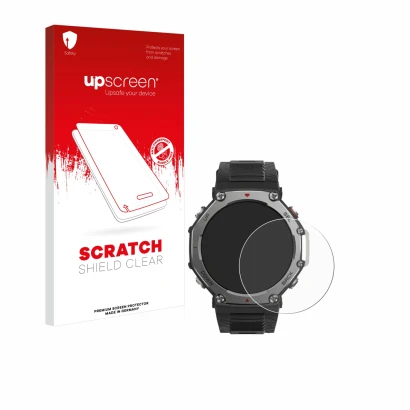 Parte frontal de un envase de producto con el logotipo de la marca upscreen. Al lado se muestra el dispositivo Huami Amazfit T