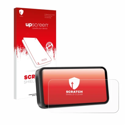 Parte frontal de un envase de producto con el logotipo de la marca upscreen. Al lado se muestra el dispositivo Carpuride W603D