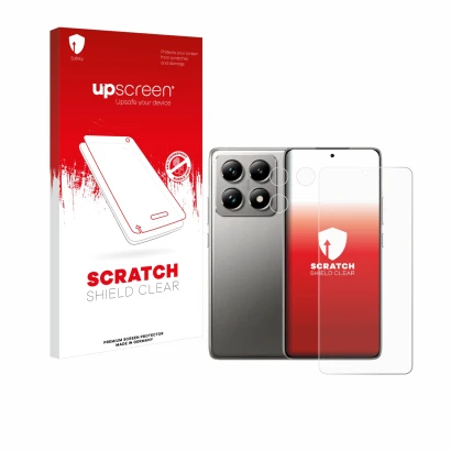 Parte frontal de un envase de producto con el logotipo de la marca upscreen. Al lado se muestra el dispositivo Xiaomi 14T Pro 