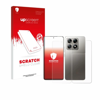 Parte frontal de un envase de producto con el logotipo de la marca upscreen. Al lado se muestra el dispositivo Xiaomi 14T Pro 