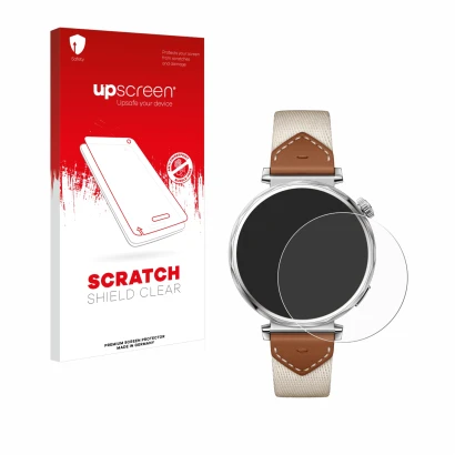 Parte frontal de un envase de producto con el logotipo de la marca upscreen. Al lado se muestra el dispositivo Huawei Watch GT