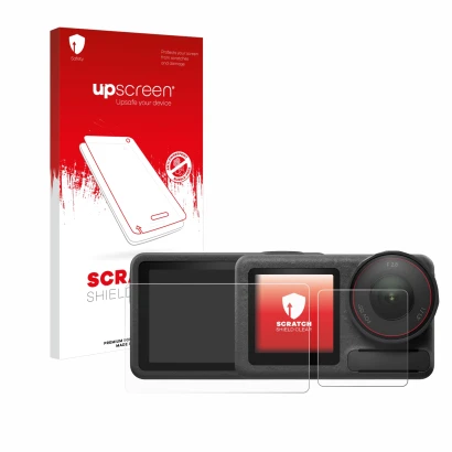 Parte frontal de un envase de producto con el logotipo de la marca upscreen. Al lado se muestra el dispositivo DJI Osmo Action