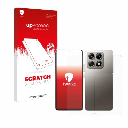 Parte frontal de un envase de producto con el logotipo de la marca upscreen. Al lado se muestra el dispositivo Xiaomi 14T (Fro