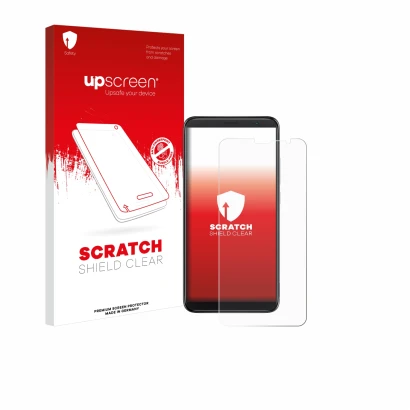 Parte frontal de un envase de producto con el logotipo de la marca upscreen. Al lado se muestra el dispositivo TCL 403 con su 