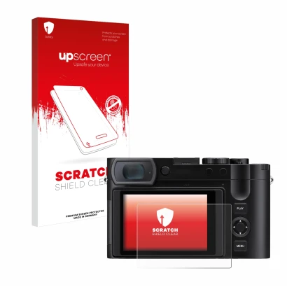 Parte frontal de un envase de producto con el logotipo de la marca upscreen. Al lado se muestra el dispositivo Leica Q3 43 con