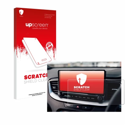 Parte frontal de un envase de producto con el logotipo de la marca upscreen. Al lado se muestra el dispositivo Kia XCeed 2024 