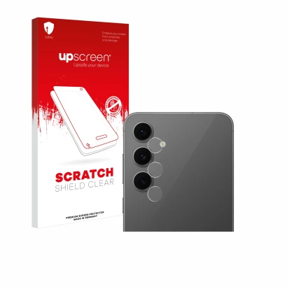 Parte frontal de un envase de producto con el logotipo de la marca upscreen. Al lado se muestra el dispositivo Samsung Galaxy