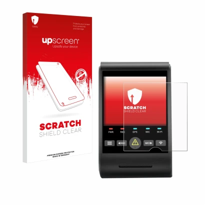 Parte frontal de un envase de producto con el logotipo de la marca upscreen. Al lado se muestra el dispositivo VIOFO A229 PRO