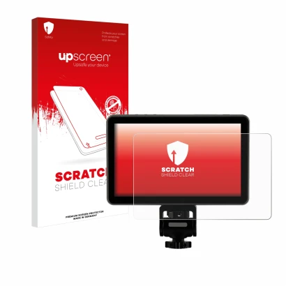 Parte frontal de un envase de producto con el logotipo de la marca upscreen. Al lado se muestra el dispositivo Rollei Viltrox