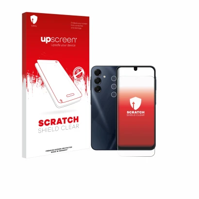 Parte frontal de un envase de producto con el logotipo de la marca upscreen. Al lado se muestra el dispositivo Samsung Galaxy 