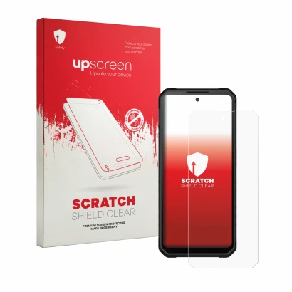 Parte frontal de un envase de producto con el logotipo de la marca upscreen. Al lado se muestra el dispositivo iiiF150 Raptor 
