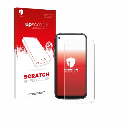 Parte frontal de un envase de producto con el logotipo de la marca upscreen. Al lado se muestra el dispositivo Unihertz Jelly