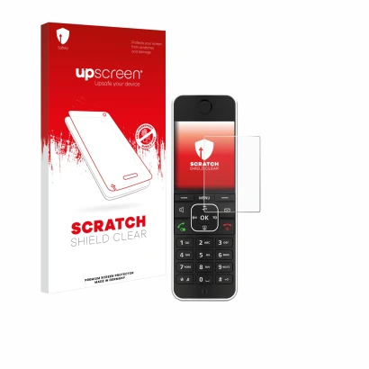 Parte frontal de un envase de producto con el logotipo de la marca upscreen. Al lado se muestra el dispositivo AVM Fritz!Fon C