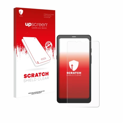 Parte frontal de un envase de producto con el logotipo de la marca upscreen. Al lado se muestra el dispositivo Boox Palma 2 co
