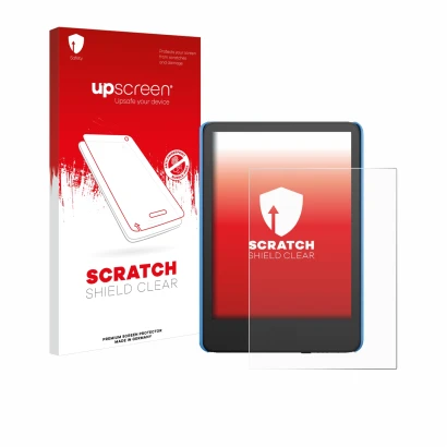 Parte frontal de un envase de producto con el logotipo de la marca upscreen. Al lado se muestra el dispositivo Amazon Kindle K