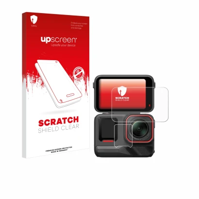 Parte frontal de un envase de producto con el logotipo de la marca upscreen. Al lado se muestra el dispositivo Insta360 Ace Pr