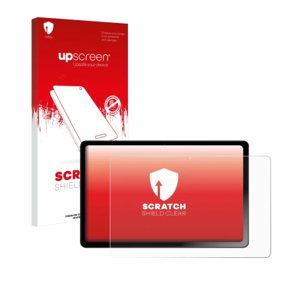 Parte frontal de un envase de producto con el logotipo de la marca upscreen. Al lado se muestra el dispositivo HMD T21 con su