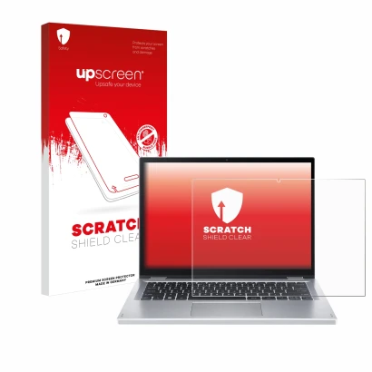 Parte frontal de un envase de producto con el logotipo de la marca upscreen. Al lado se muestra el dispositivo Acer Aspire 3 S